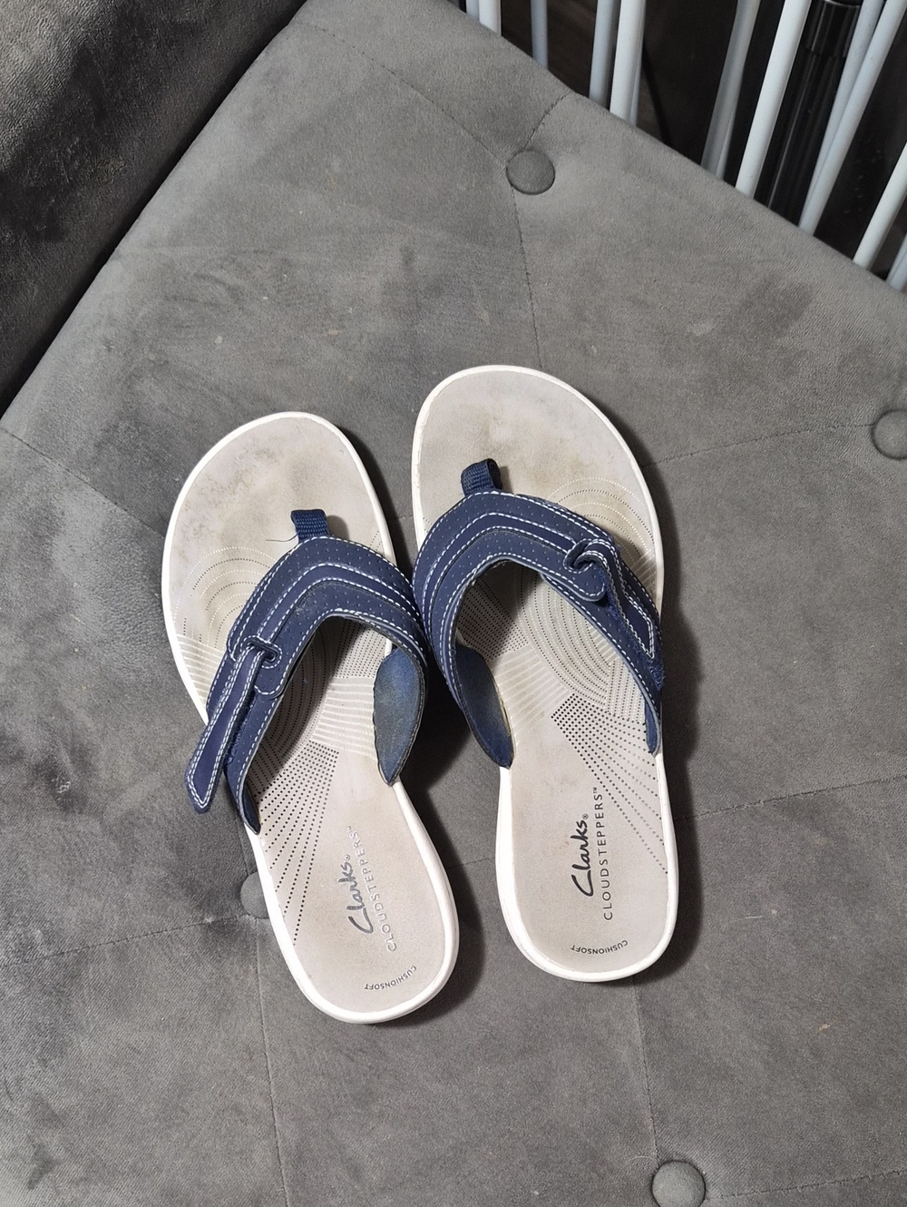 Clarks Navy Blue Thong Sandals with White Soles